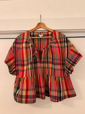 Pilcro Red Pink Green Plaid Peplum Tie-Front Blouse
